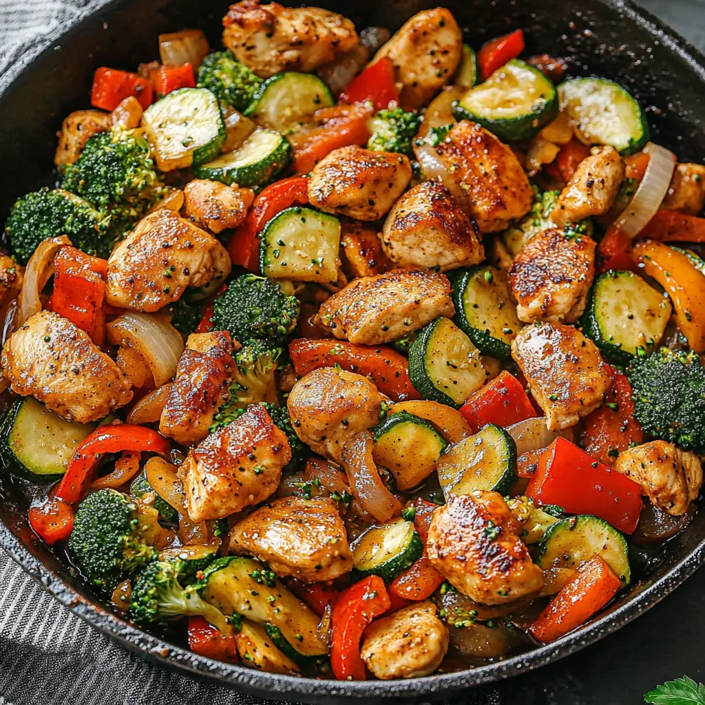 Ein schwarzes Pan mit einer Mischung aus Zwiebeln, Paprika, Karotten, Zucchini und Chicken.