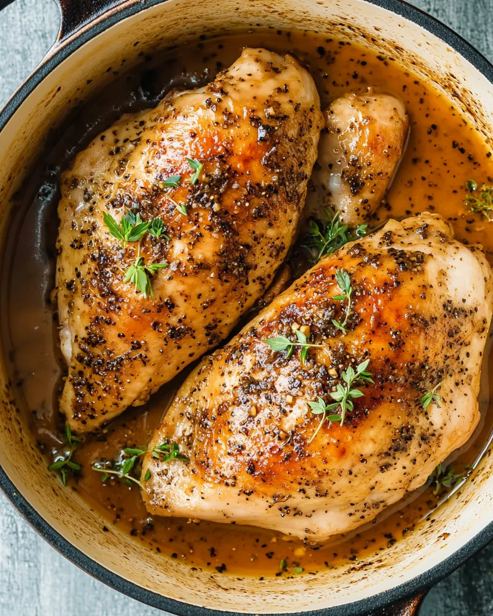 Ein Schalen mit zwei Chickenbrustschenkeln, die in einer Sauce mit Zwiebeln und Zucker gart.