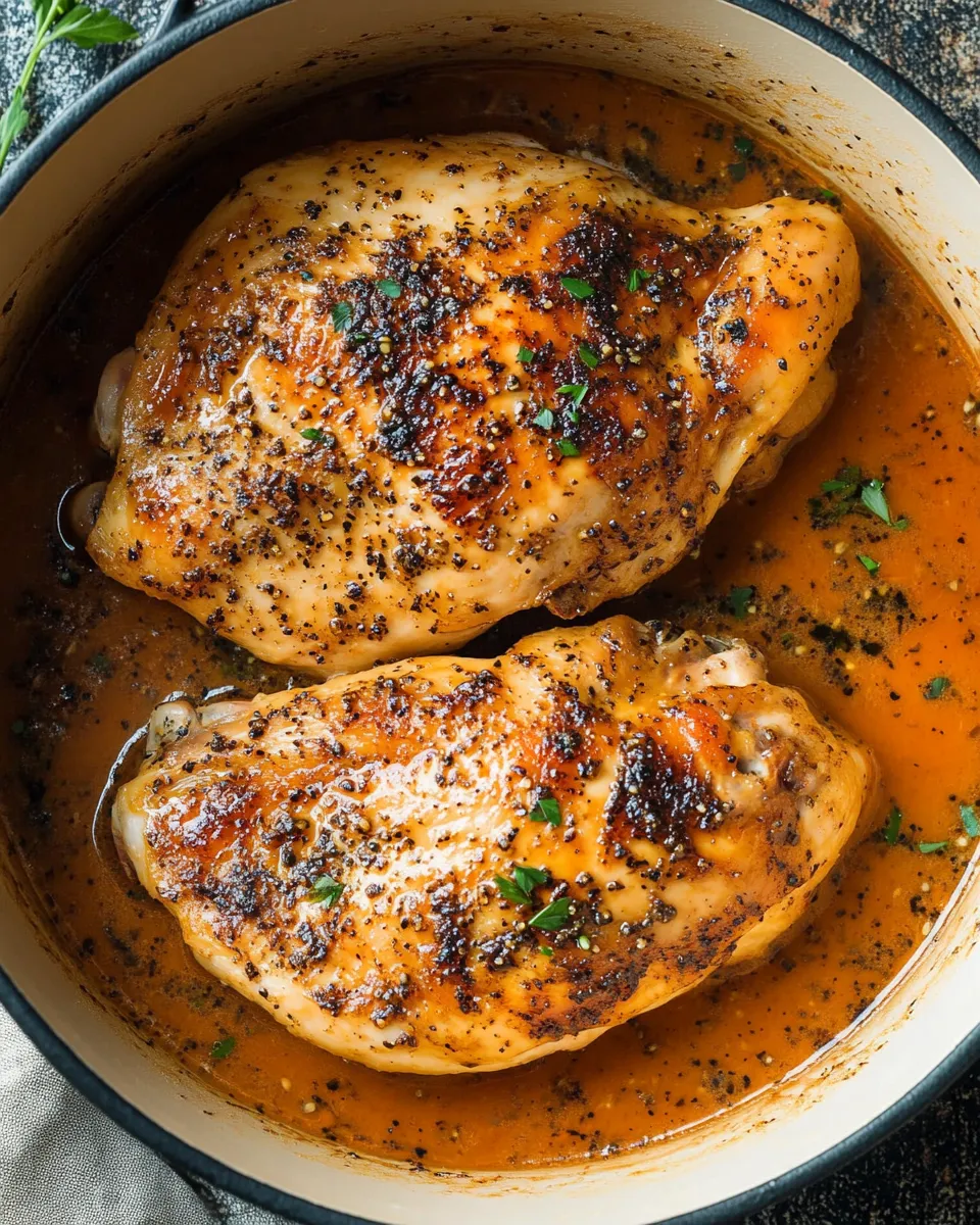 Zwei Stücke von brauner Zwiebel-Huhn in einem Topf.