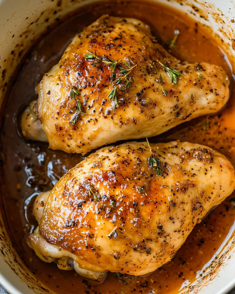 Zwei Chickenbrustchen mit Gewürzen, darunter Zwiebeln, in einer Sauce.