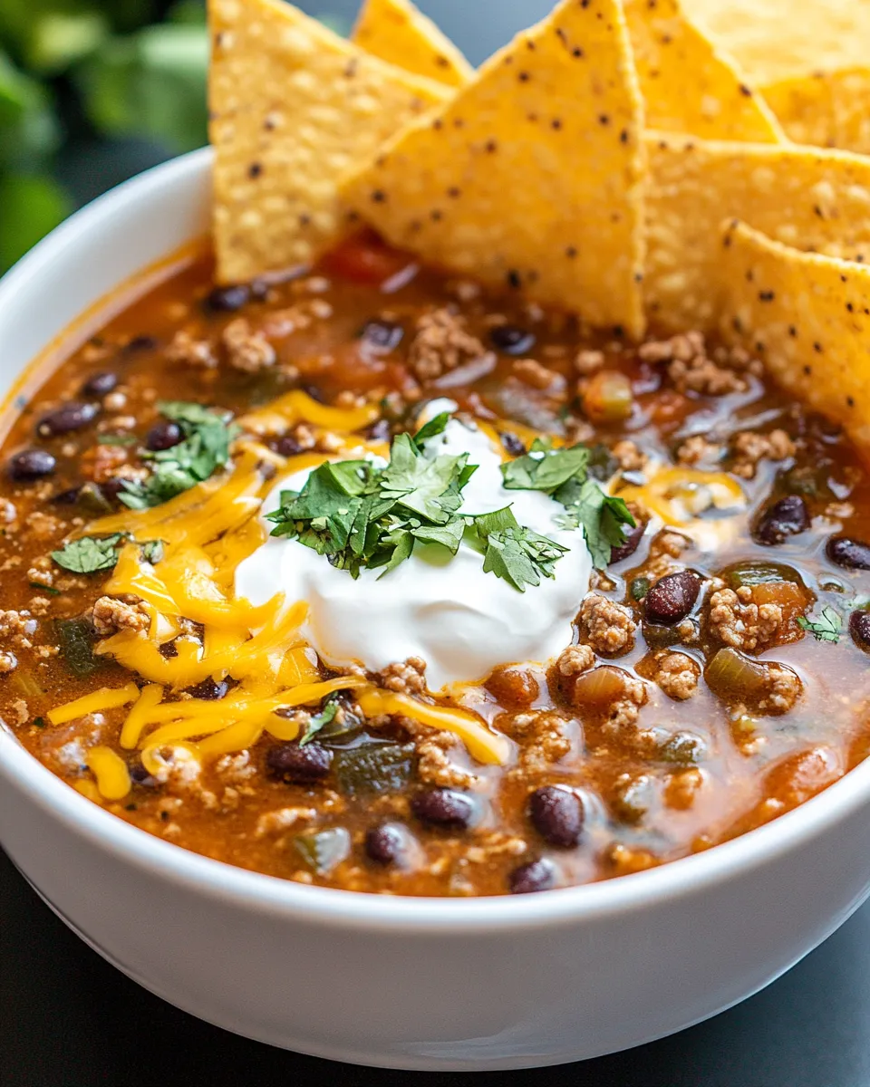 Ein Becher mit Taco Soup, der mit Ground Beef, Black Beans und Tortilla Chips garniert ist.