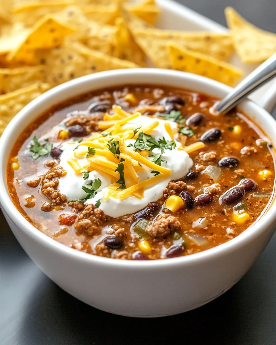 Ein Becher mit Taco Soup, der mit Kartoffeln, Beans und Chili belegt ist.