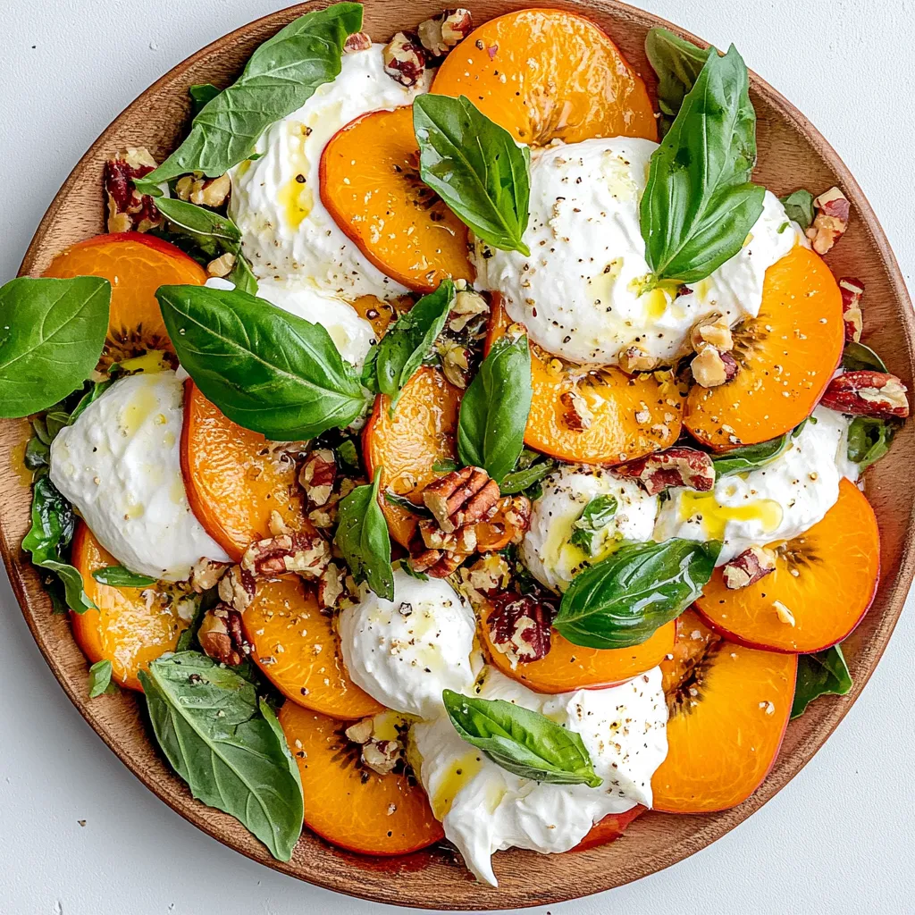 Ein Plate mit einer Mischung aus Persimmons, Burrata, Spinat und Walnuss.