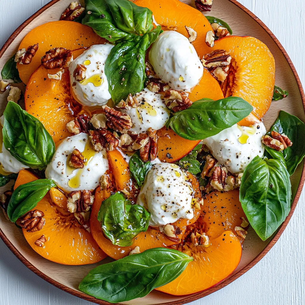 Ein Plate mit einer Mischung aus Persimmonschoten, Spinat und Burrata-Käse.