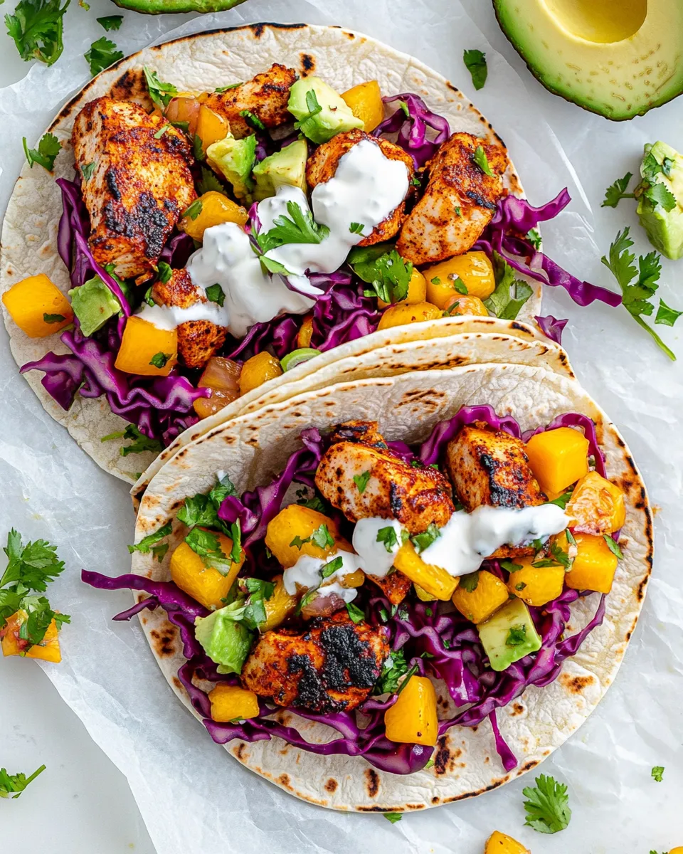 Zwei Salmon Tacos mit Mango Salsa auf einem Teller.