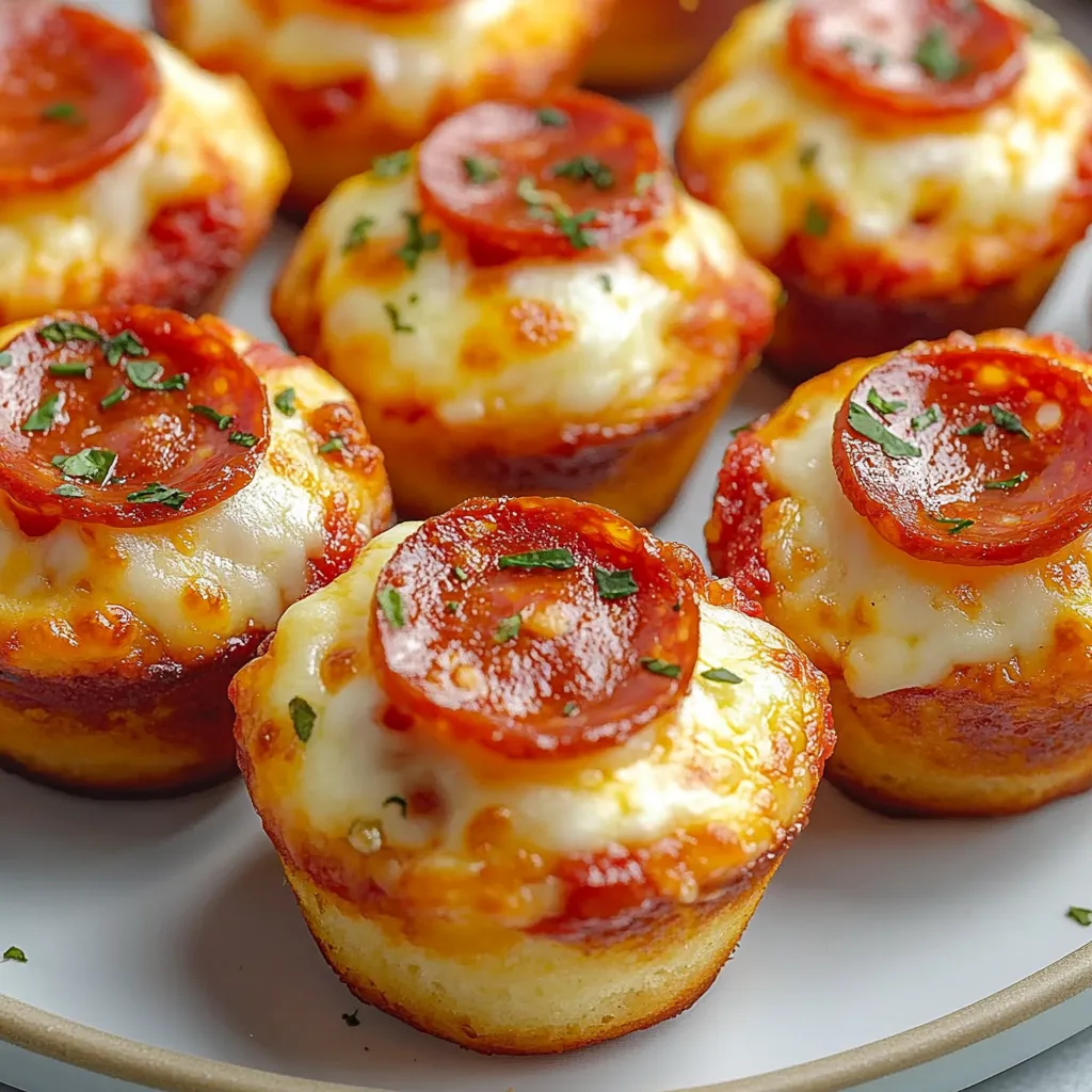 Ein Plate mit sechs Pizza-Muffins, die mit Tomaten und Mozzarella belegt sind.