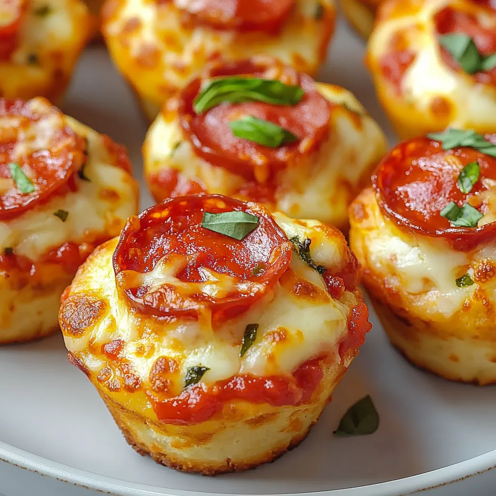 Ein weißer Teller mit sechs Muffins, die alle mit Pizza und Basilikum garniert sind.