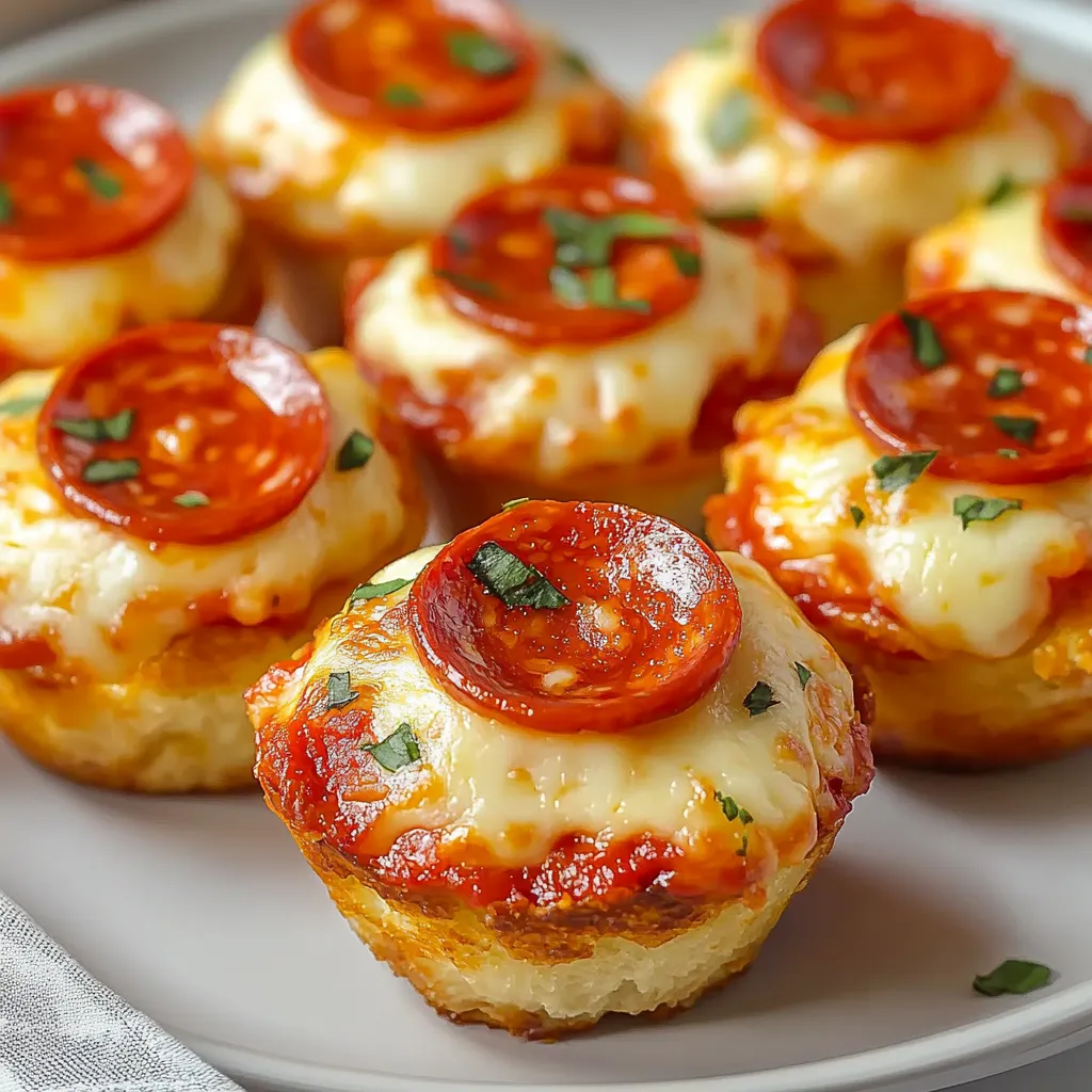 Eine Platte mit sechs Muffinen, die aus Pizza und Tomaten bestehen.