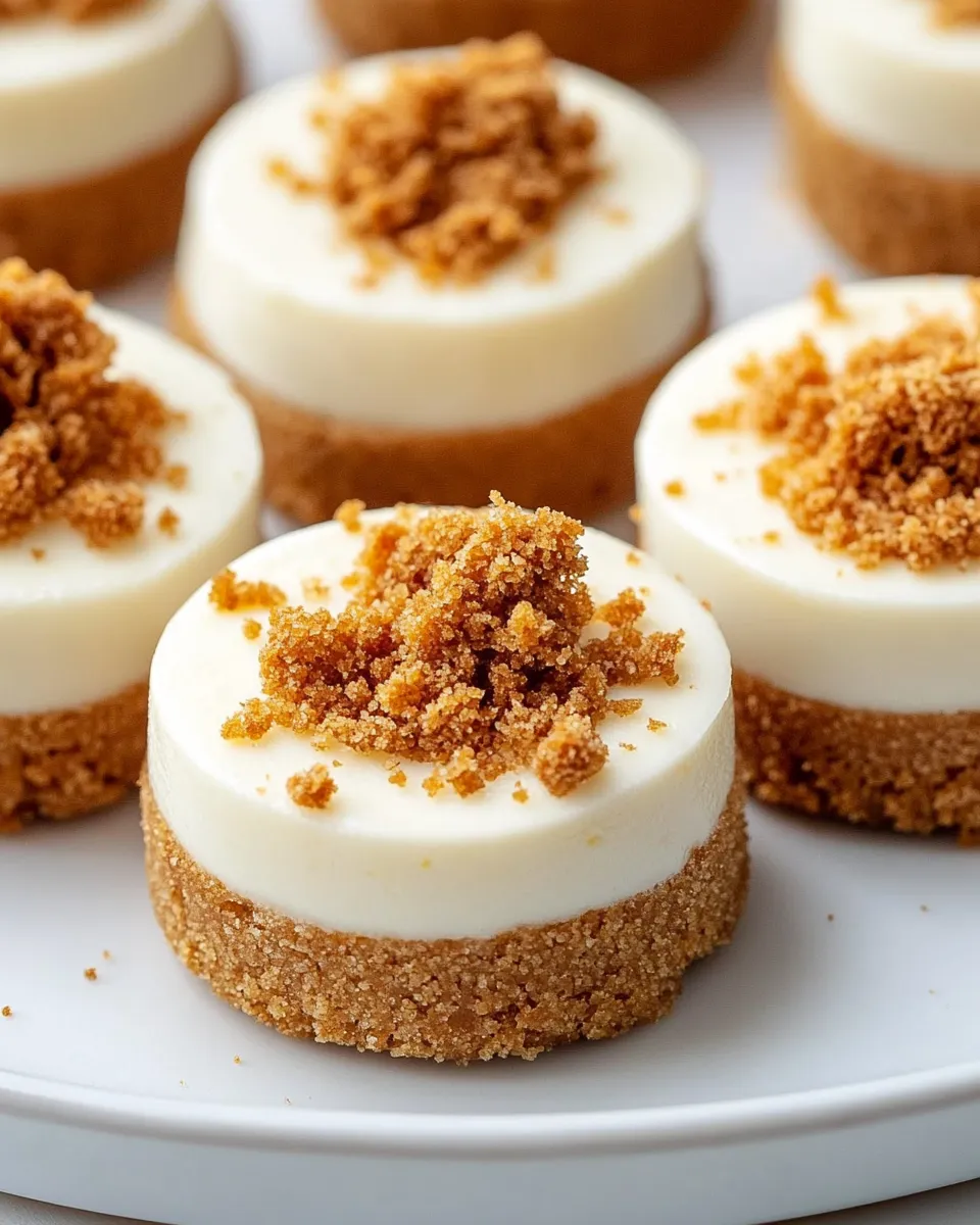Ein weißer Teller mit sechs Mini Biscoff Cheesecake Cups darauf.