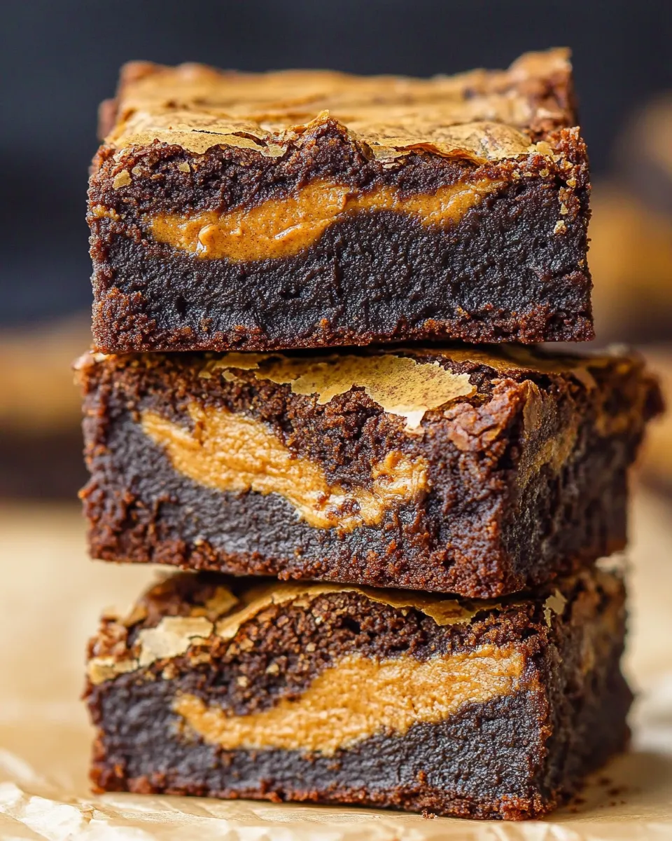 Three brownies stacked on top of each other, with a crust of Biscoff cookies.