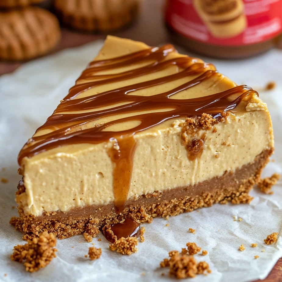 Eine süße, cremige Biscoff Cheesecake mit einer Schicht aus Biscoff-Keks und Schokoladenglasur.