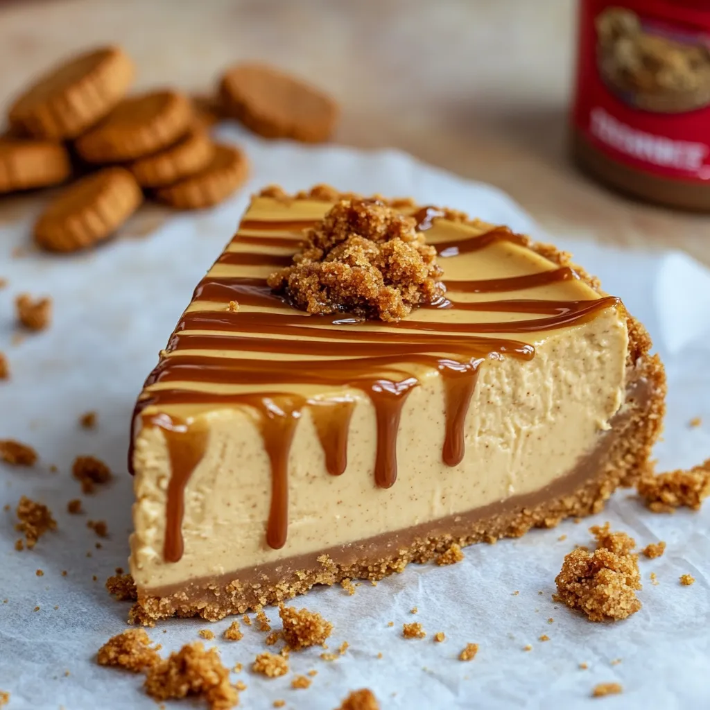 Ein Stück Biscoff Cheesecake mit einer Schicht aus Biscoff-Keks, Schokolade, Eis und Käse.