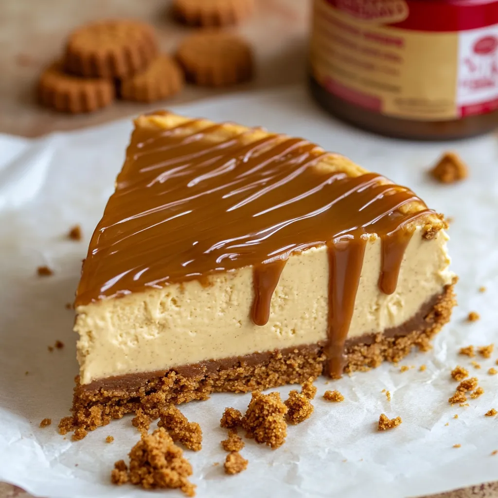 Ein Stück Biscoff Cheesecake mit einer Schicht aus Biscoff-Keks und Schokolade.