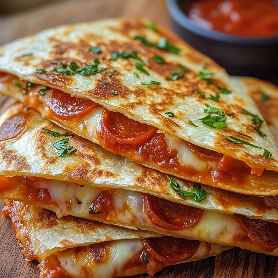 Eine Schicht aus Pepperoni Pizza Quesadilla auf einem Tisch.
