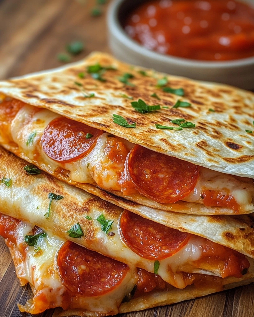 Eine Schicht aus Pepperoni Pizza und Quesadilla auf einem Tisch.