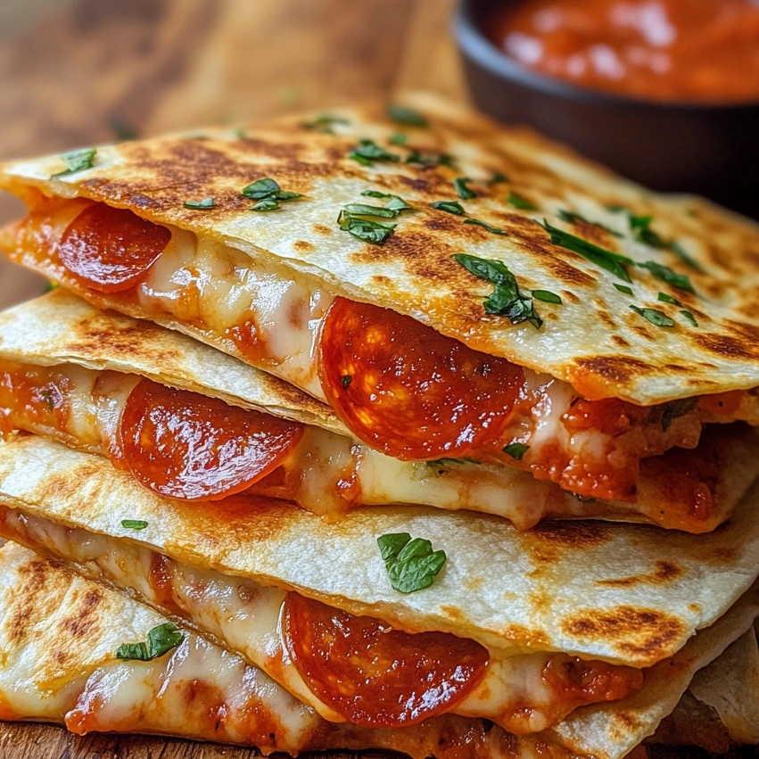Eine Schicht aus Pepperoni Pizza Quesadilla auf einem Tisch.