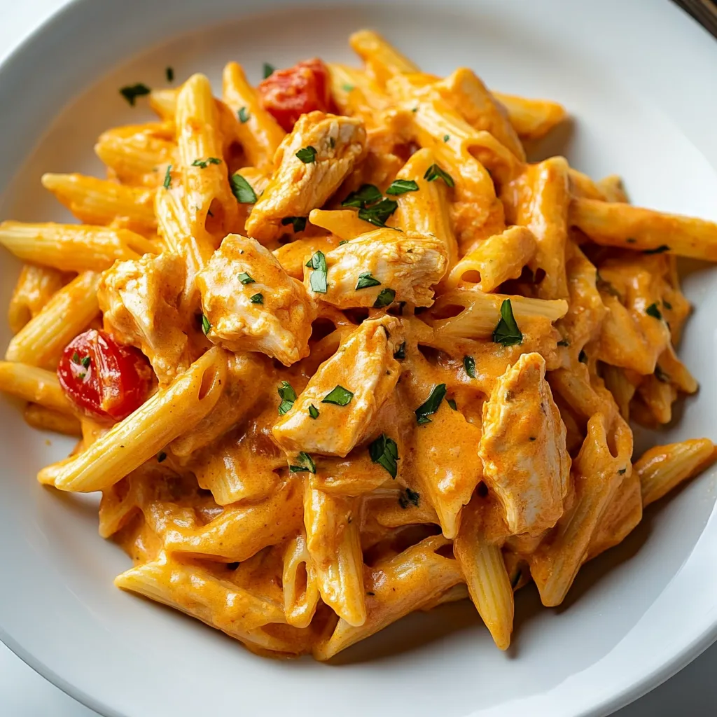 Ein weißer Teller mit Pasta, Tomaten, Zwiebeln und Chicken.