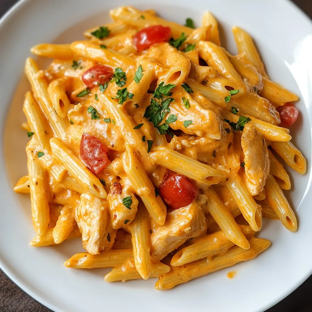 Ein Plate mit Pasta, Tomaten und Zwiebeln, garniert mit Parsley.
