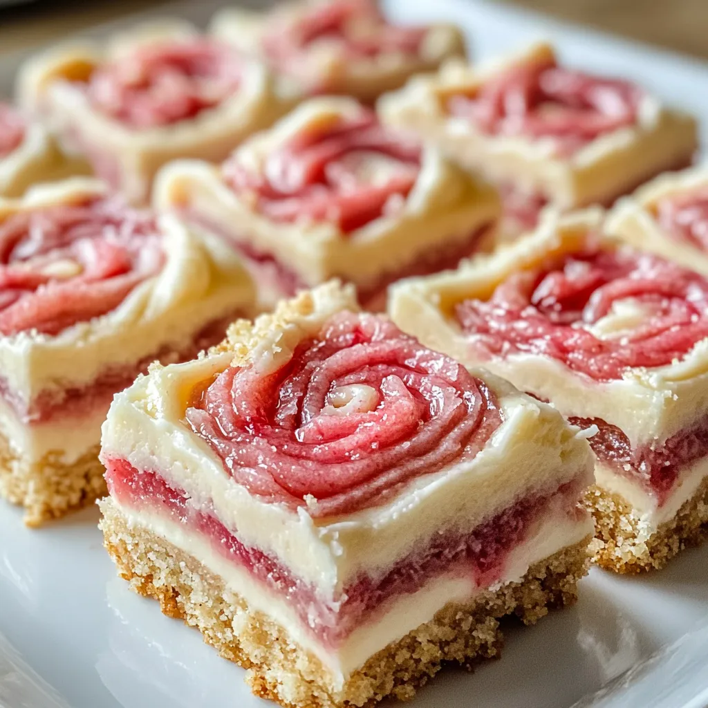 Ein weißer Teller mit Rhubarb Bars, die mit Käsecreme gefüllt sind.