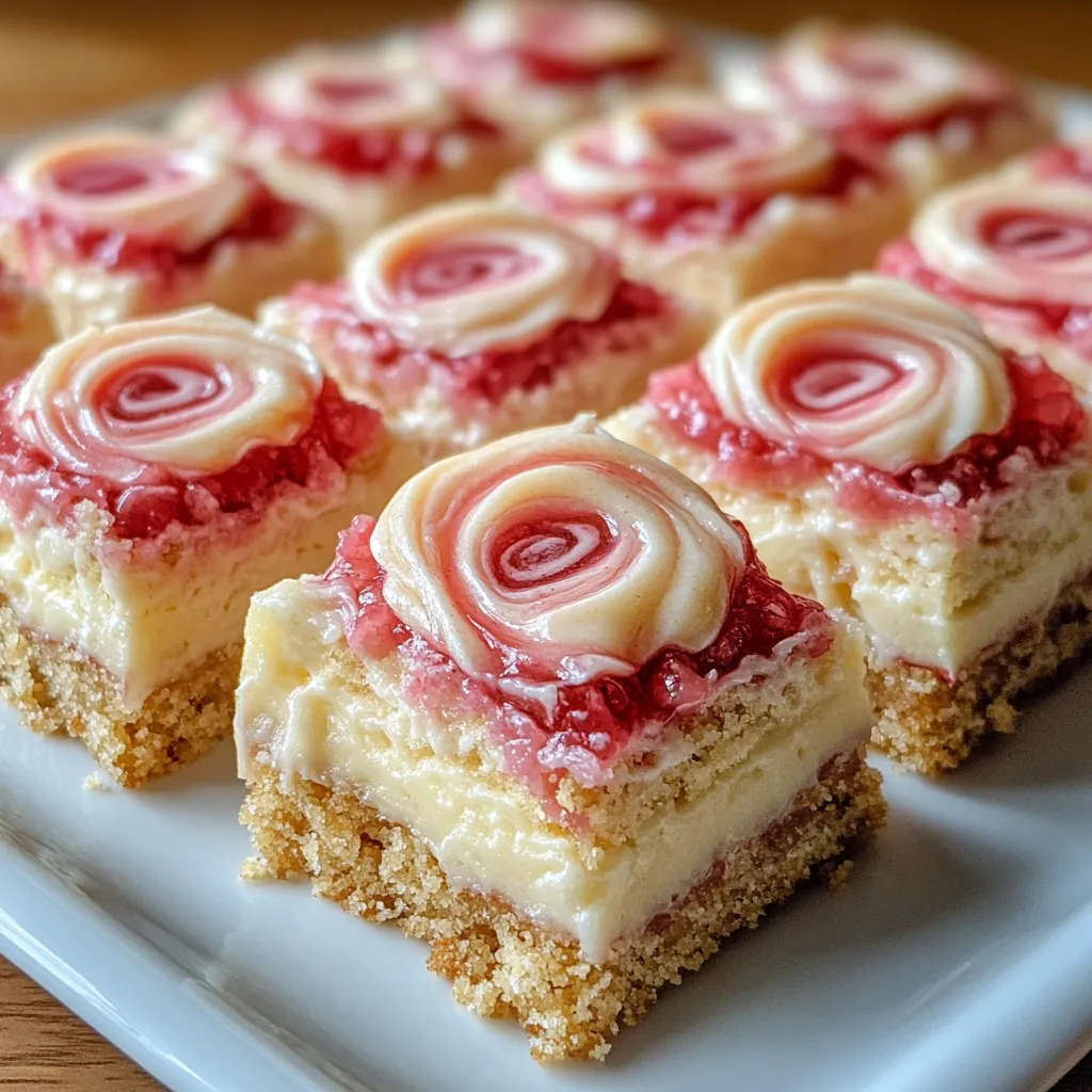 Eine Platte mit Rhubarb Bars, die mit Käsecreme geschmolzen sind.