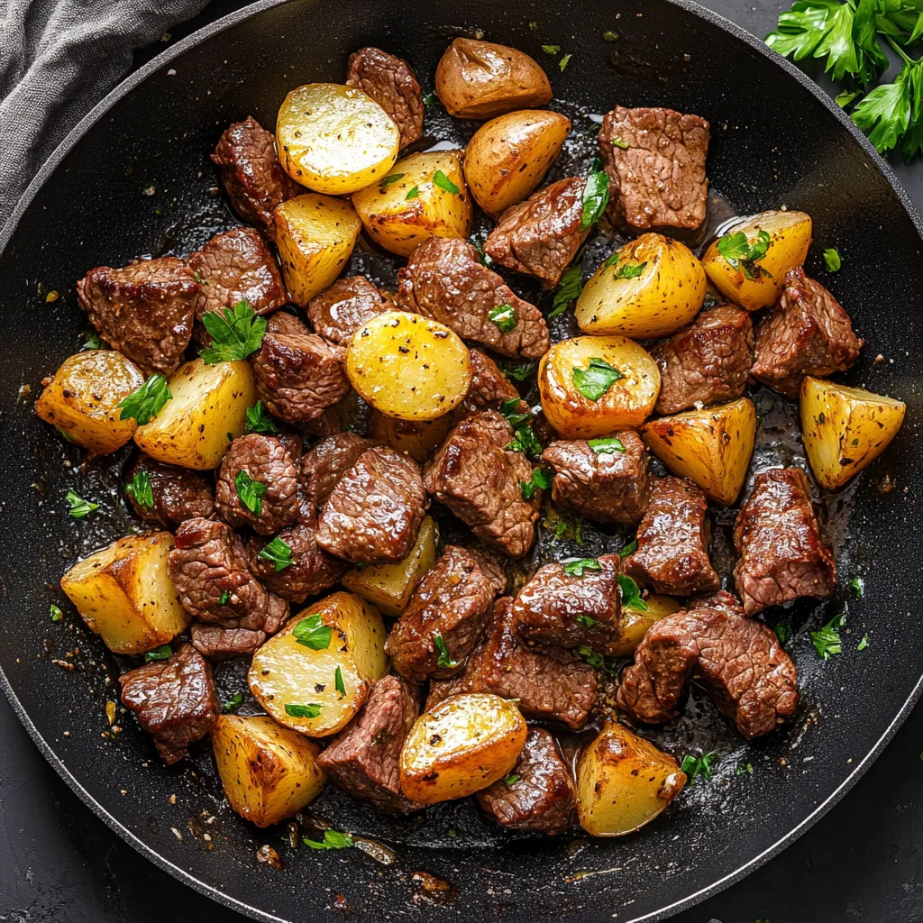 Ein Schmelztopf mit Steak Bites und Kartoffeln.