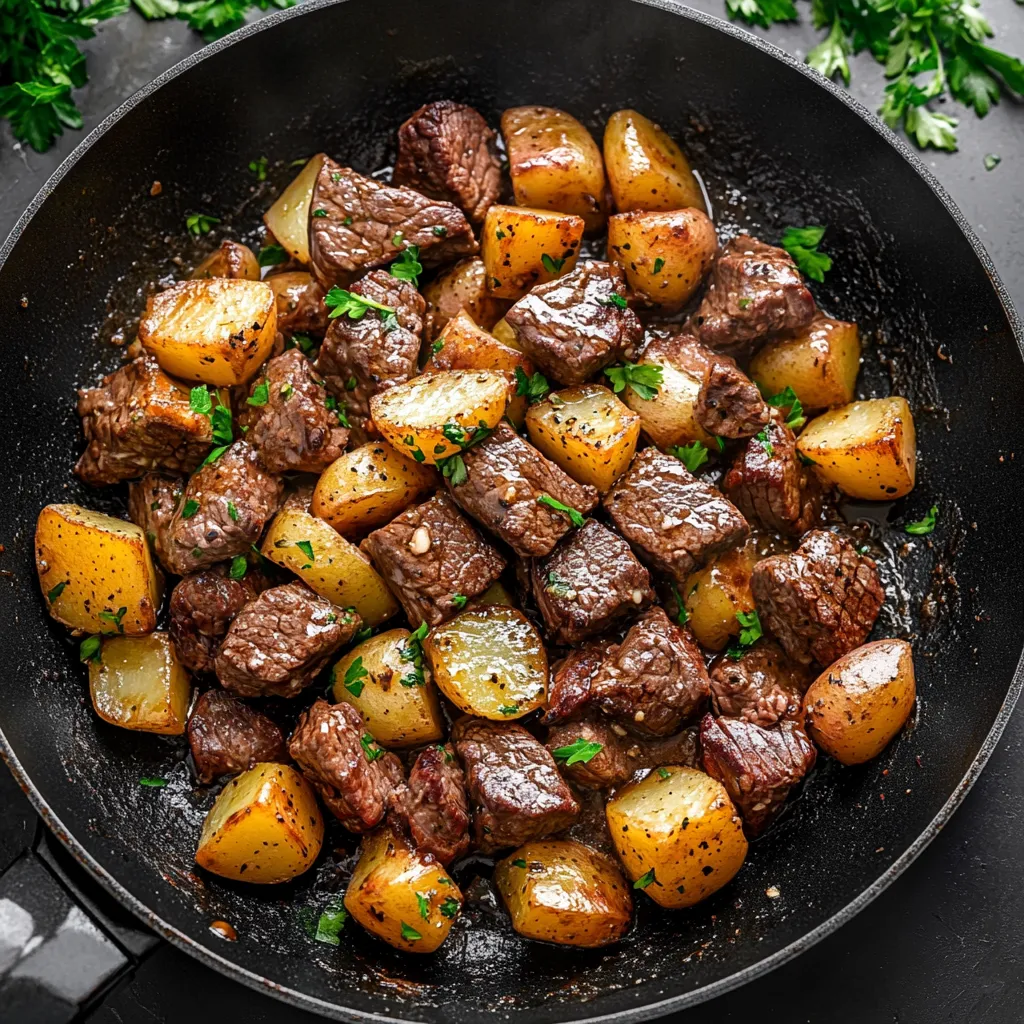 Ein Topf mit Steak Bites und Kartoffeln, die in Garlic Butter getaucht sind.