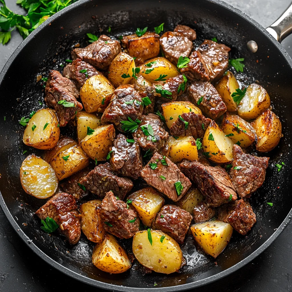 Ein Topf mit Steak Bites und Kartoffeln, die in Garlic Butter getaucht sind.