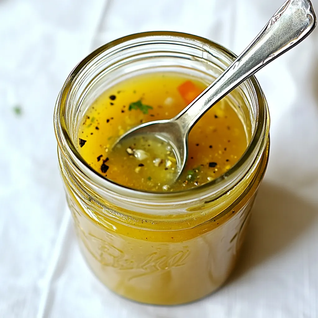 Ein Glas mit einer Zwiebel und einer Schüssel, die Lemon Vinaigrette enthält.