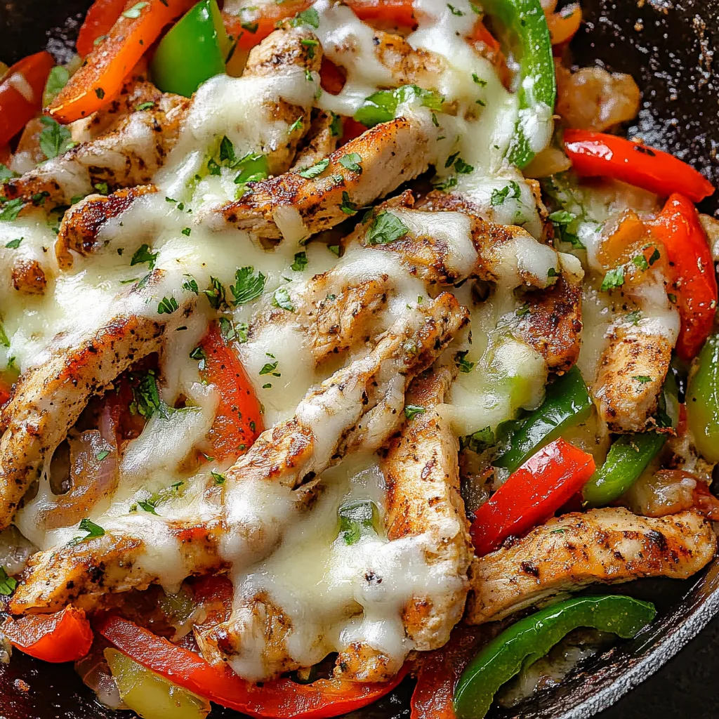 Ein Schmelztopf mit Chicken Cheesesteak Skillet.