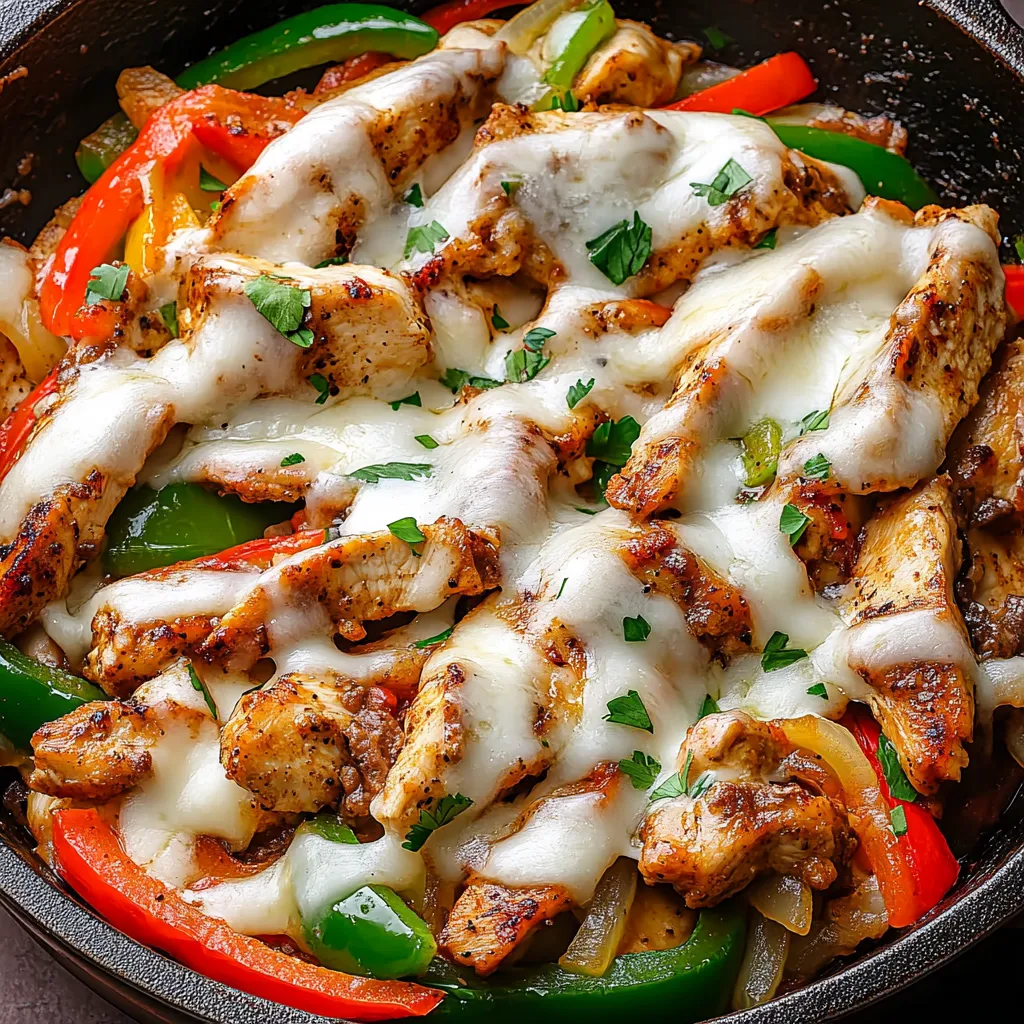 Ein Skillet mit Chicken Cheesesteak, das aus Chicken, Käse und Zwiebeln besteht.