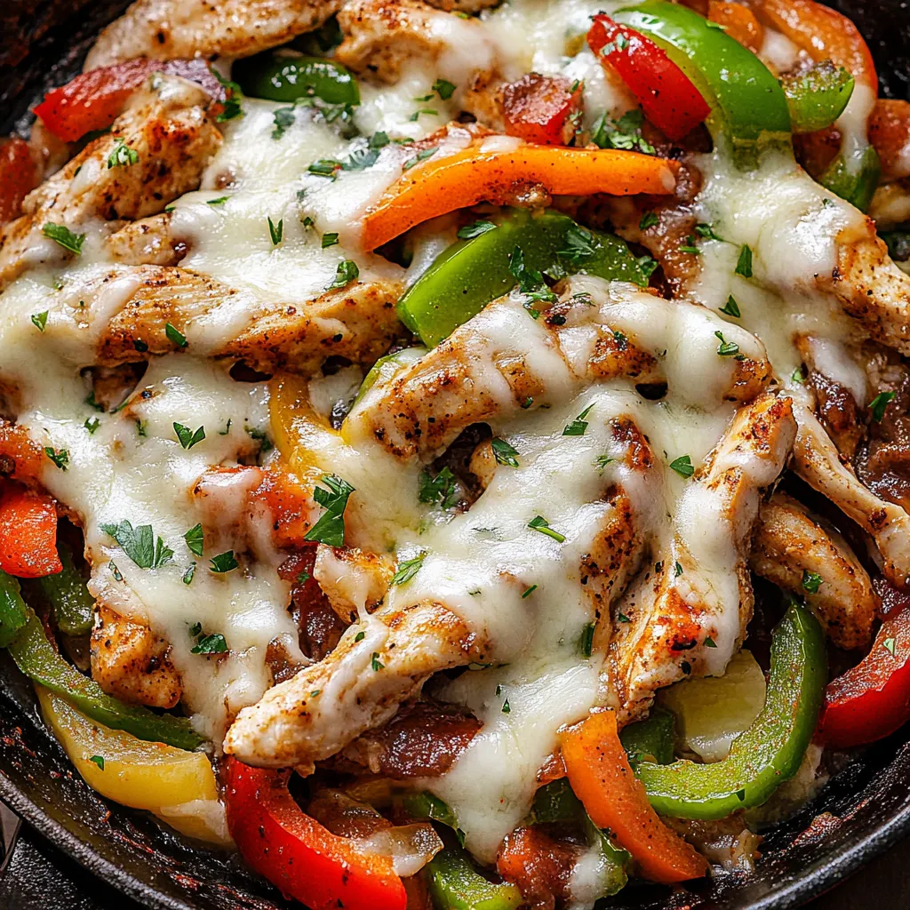 Ein Skillet mit Chicken Cheesesteak, das aus Chicken, Käse und Zwiebeln besteht.