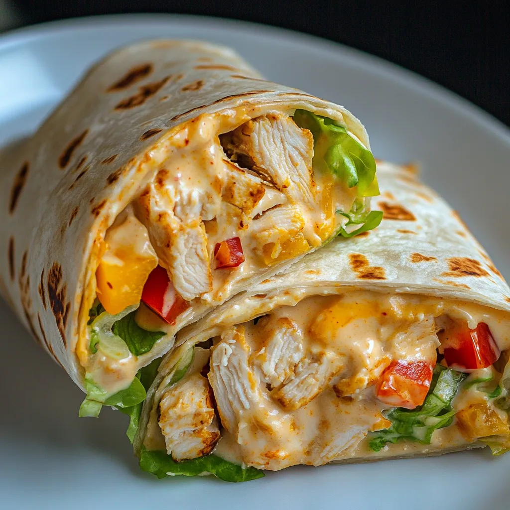 Ein Chipotle Ranch Grilled Chicken Burrito auf einem weißen Teller.