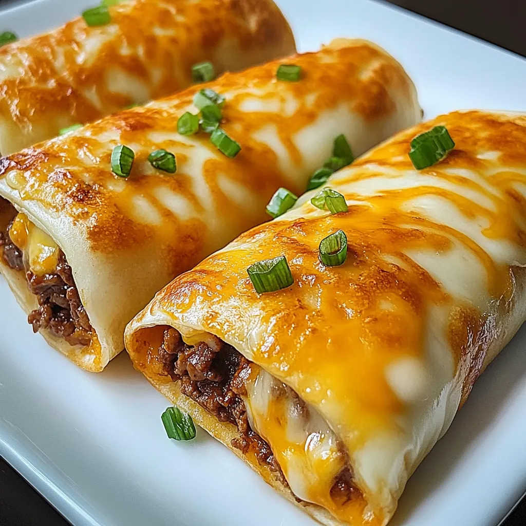 Ein weißer Teller mit zwei Loaded Cheesy Pocket Tacos darauf.