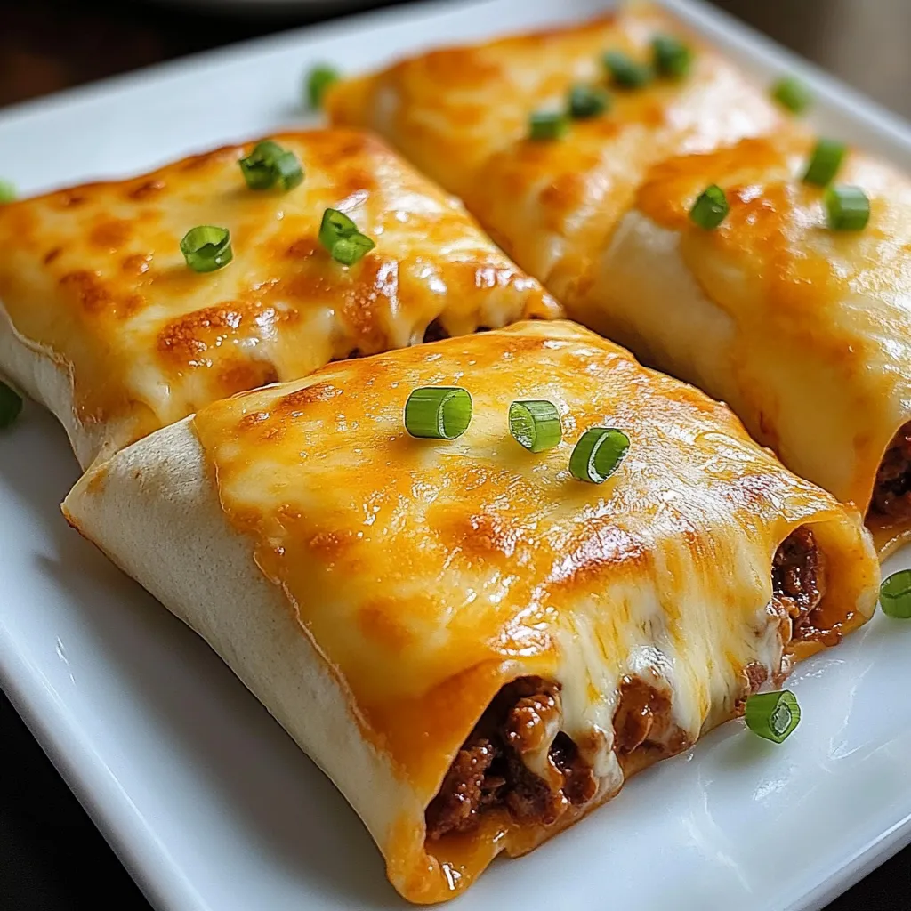 Ein weißer Teller mit drei gegrillten Pockettacos, die mit Käse und Zwiebeln garniert sind.