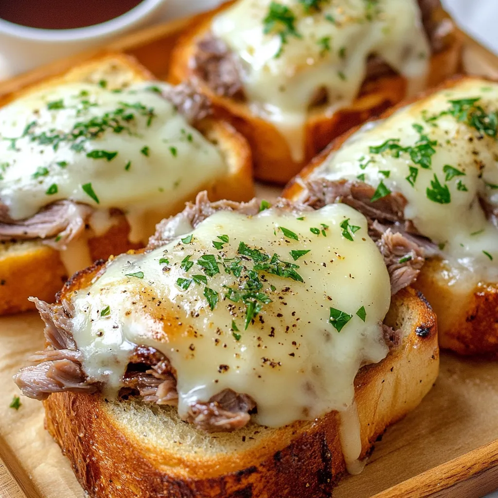 Ein Toast mit Käse und Zwiebeln auf einem Brett.
