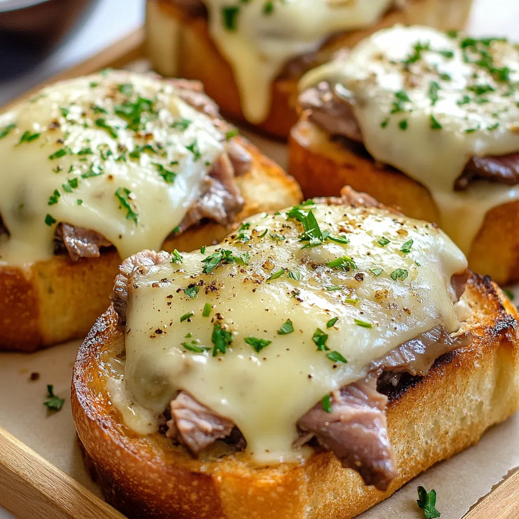 Ein Toast mit Käse und Zwiebeln auf einem Teller.