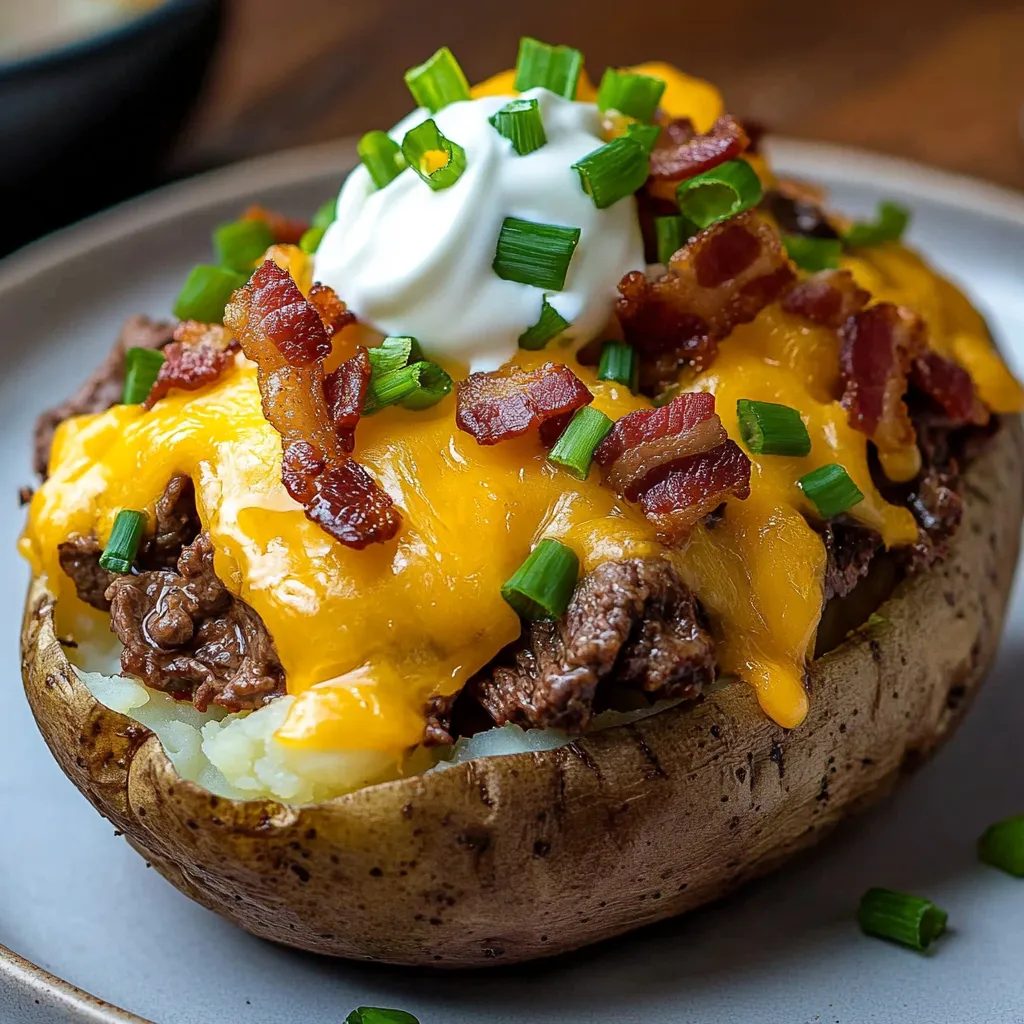 Ein Loaded Baked Potato Steak Bites mit Bacon, Mayonnaise und Zwiebeln.