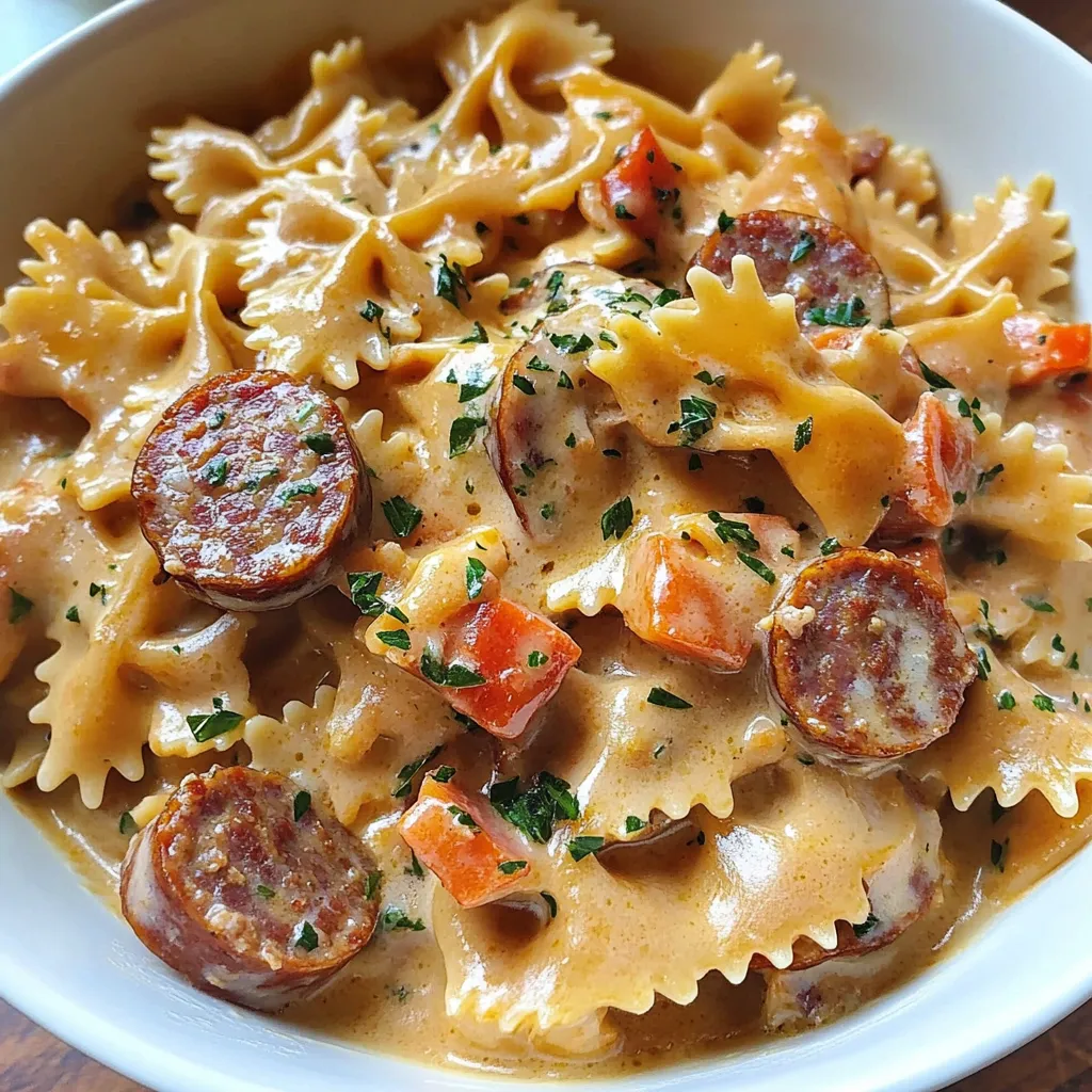 Ein weißer Teller mit einer Mischung aus Pasta, Sausage und Zwiebeln.