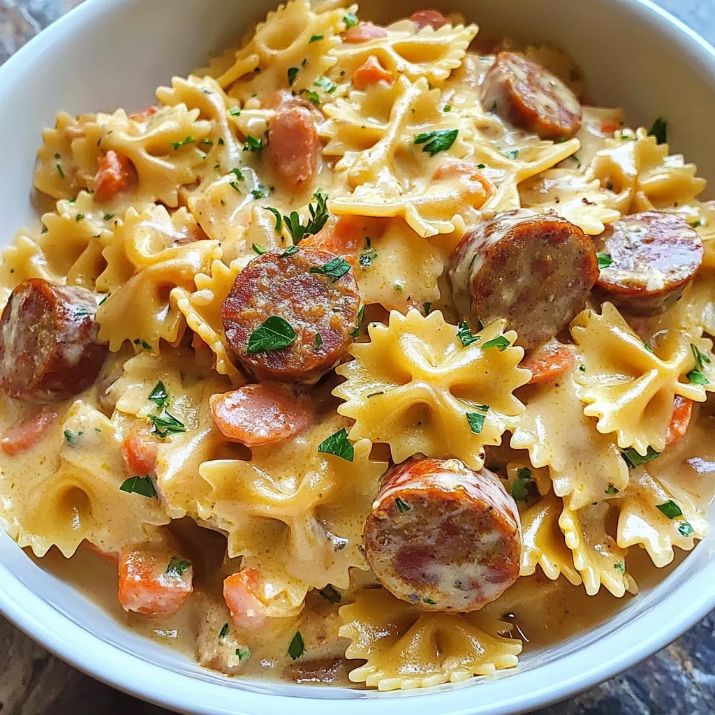 Ein weißer Teller mit einer Mischung aus Pasta, Sausage und Zwiebeln.