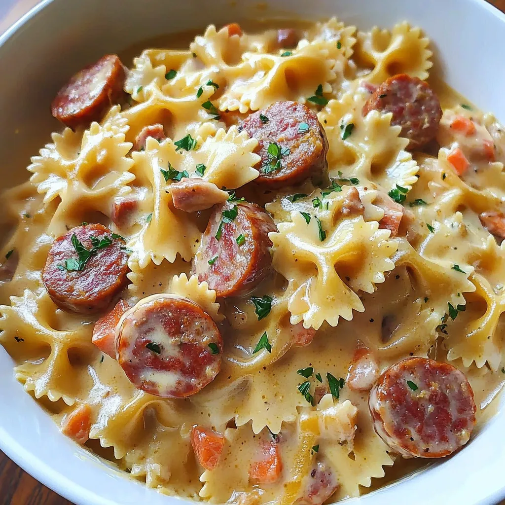 Ein weißer Teller mit einer Mischung aus Pasta, Sausage und Sauce.