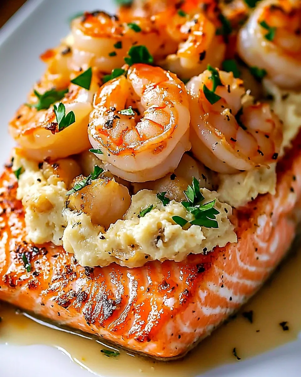 Ein Salmonfilet mit Crab und Shrimp auf dem Dach.