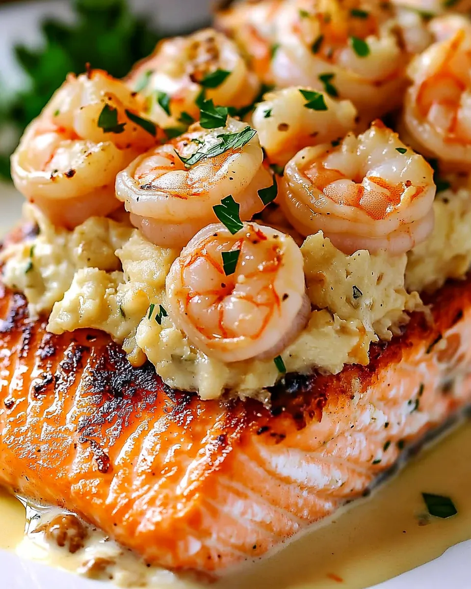 Ein Salmonfilet mit Crab und Shrimp auf dem Dach.