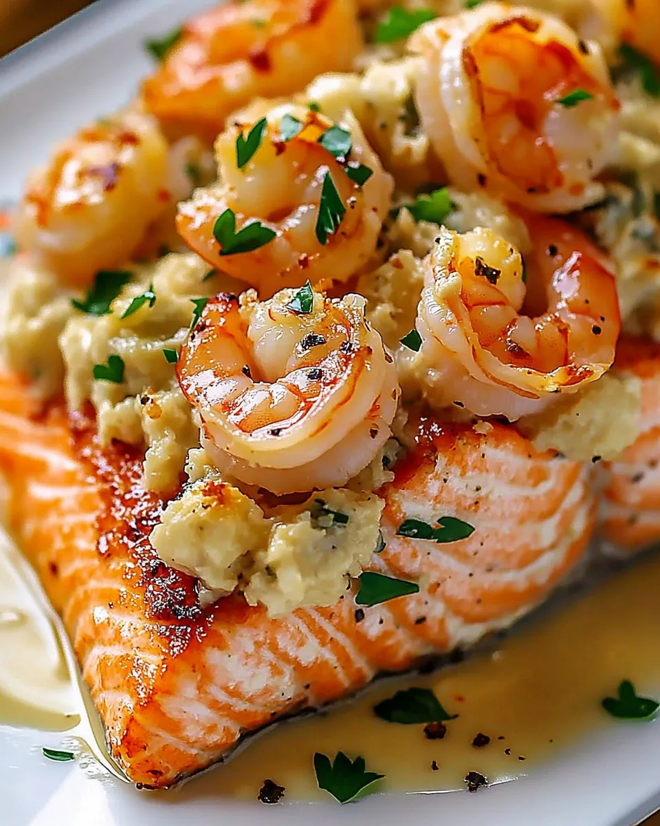 Ein Salmon mit Crab und Shrimp als Zutaten.