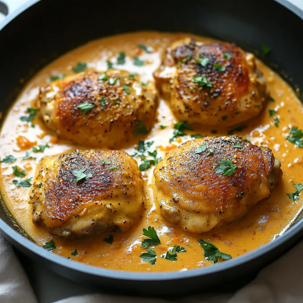 Ein Schalen mit Creamy Smothered Chicken, die in einem Topf gegart wurde.