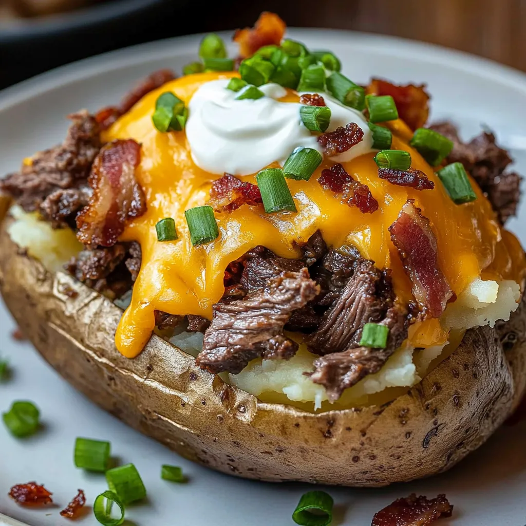 Ein gegrilltes Potato mit Ketchup und Bacon.