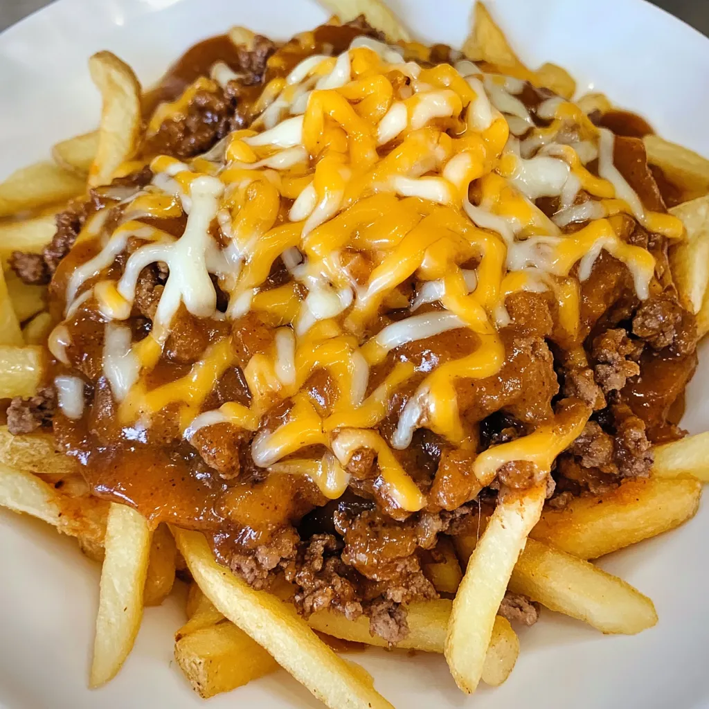 A plate of food with cheese and meat on top of a french fry.