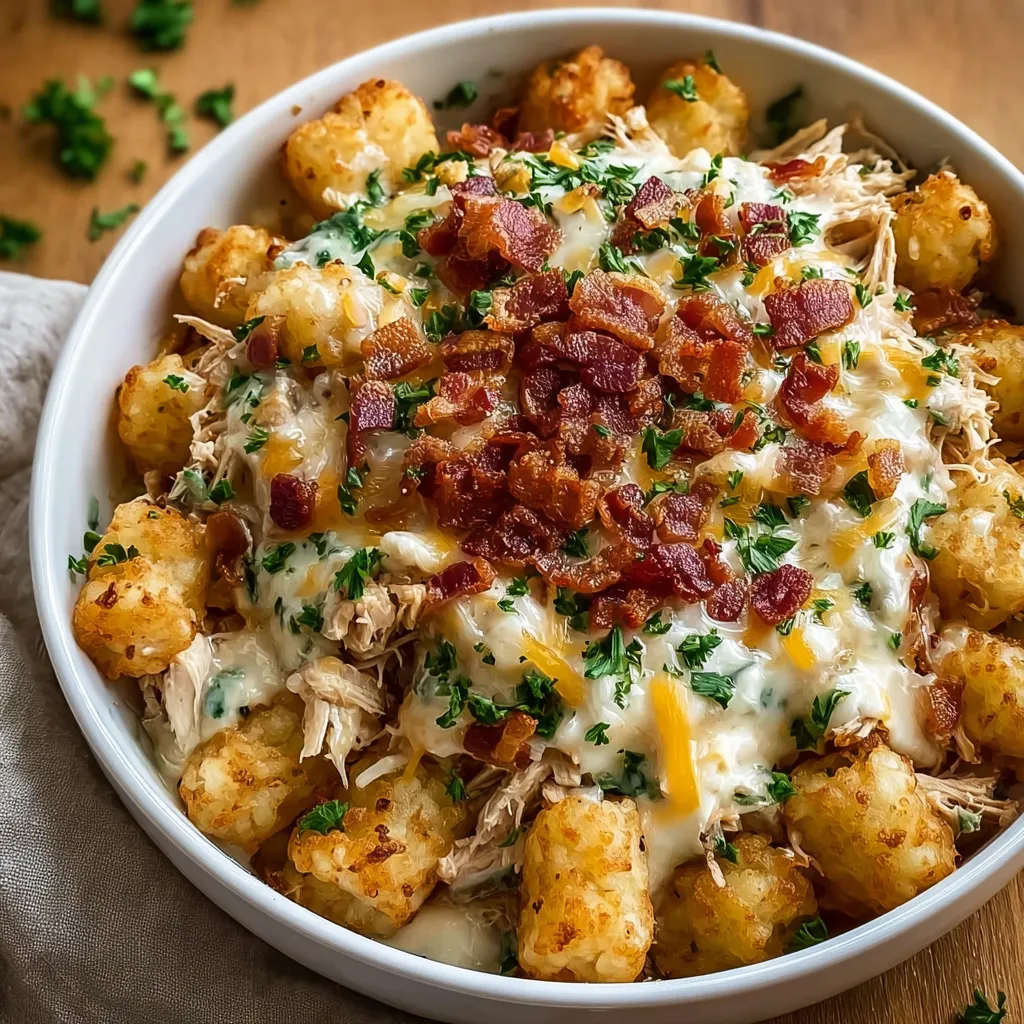 Ein weißer Teller mit einer Mischung aus Kartoffeln, Bacon, Chicken und Tater Casserole.
