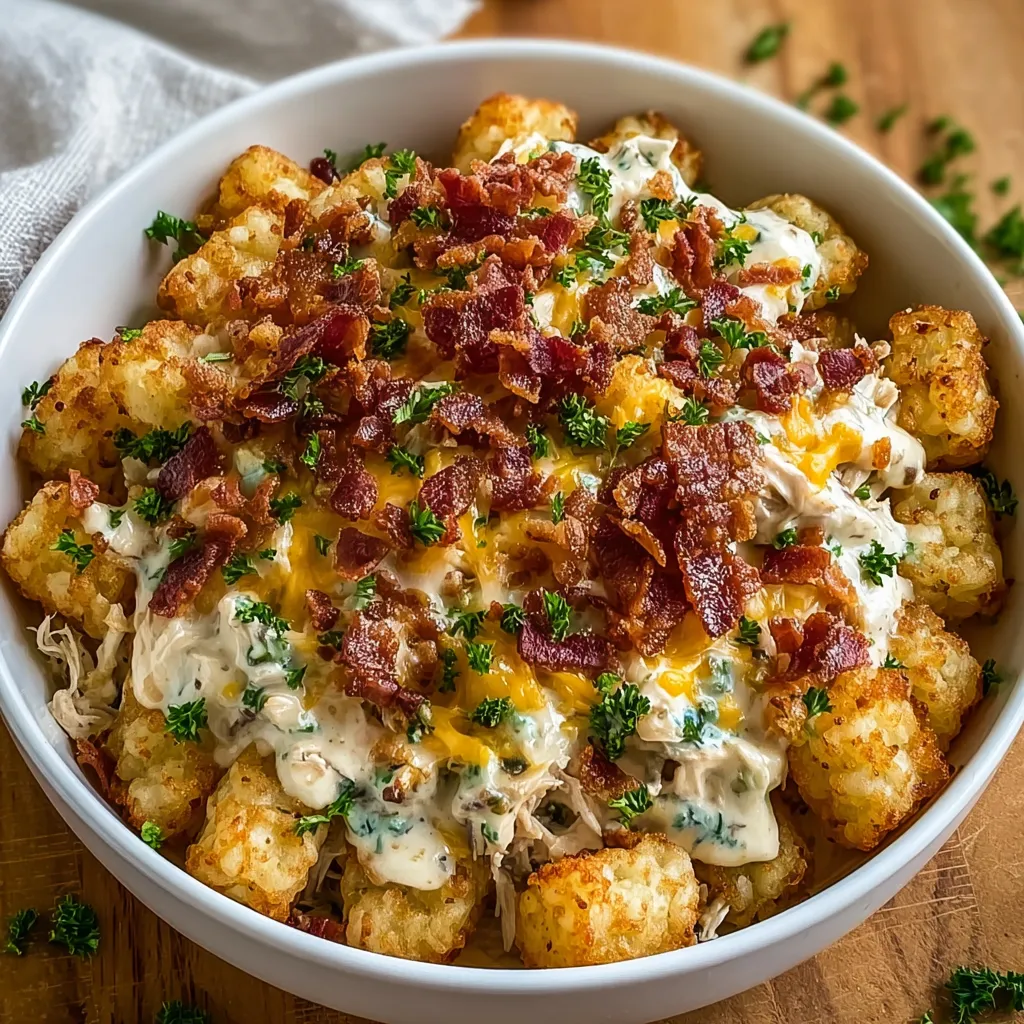 Ein weißer Teller mit einer Mischung aus Kartoffeln, Bacon, Chicken und Mayonnaise.