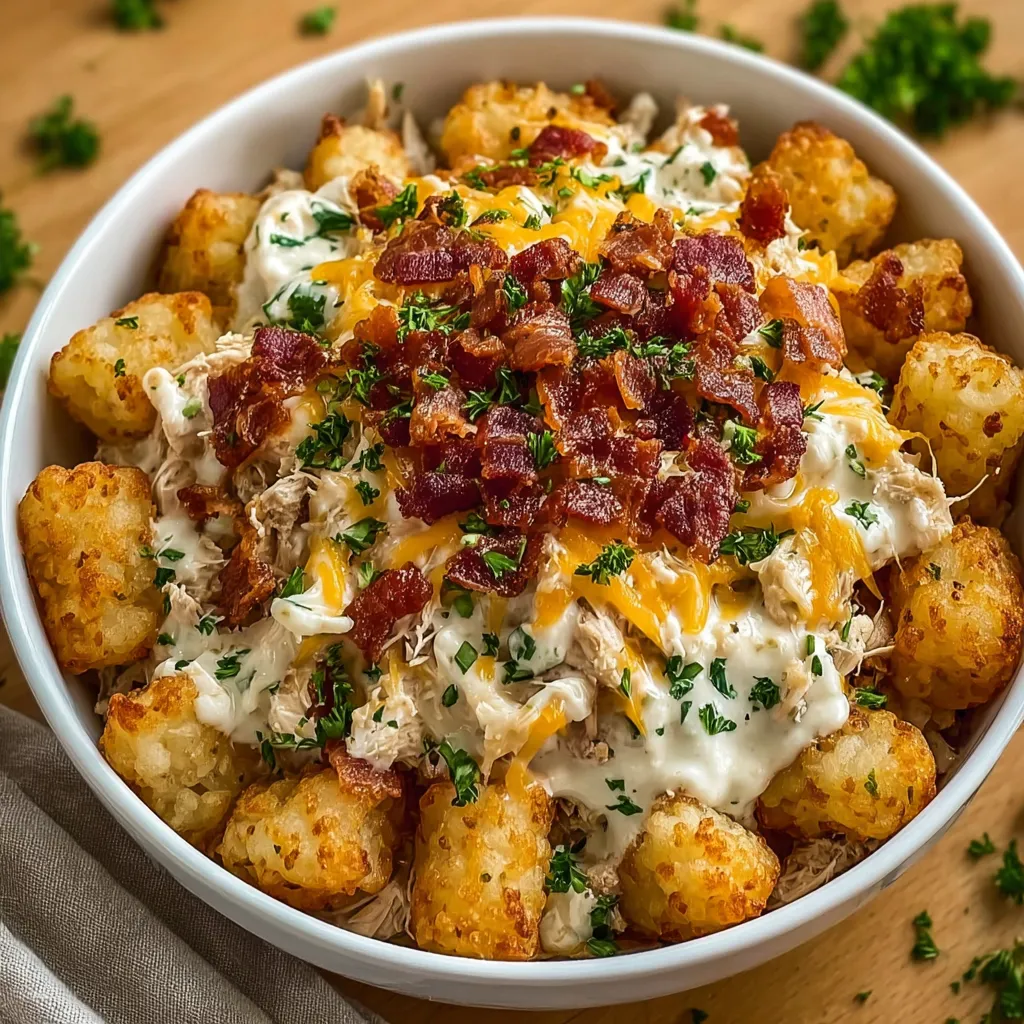 Ein weißer Teller mit einer Mischung aus Kartoffeln, Tater Tots, Bacon und Chicken.