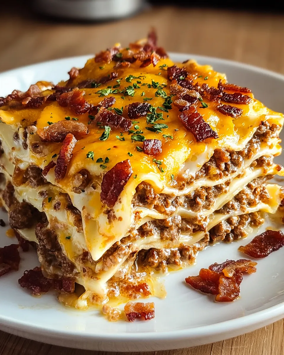 Eine Platte mit Parmesan Garlic Bacon Lasagna auf einem Tisch.